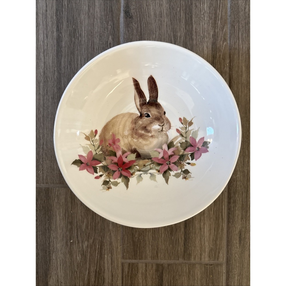 Ceramica Cuore Bowl Rabbit W Pink Flowers Made In Italy 8.75"